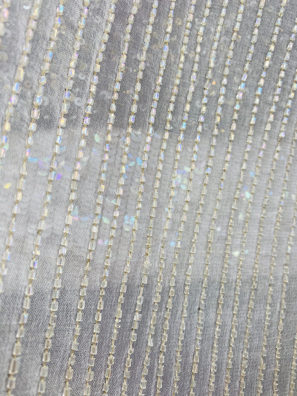 NEW Designer Bridal Striped Beaded 100% Silk Chiffon in Ivory White - Fancy Styles Fabric Pierre Frey Lee Jofa Brunschwig & Fils