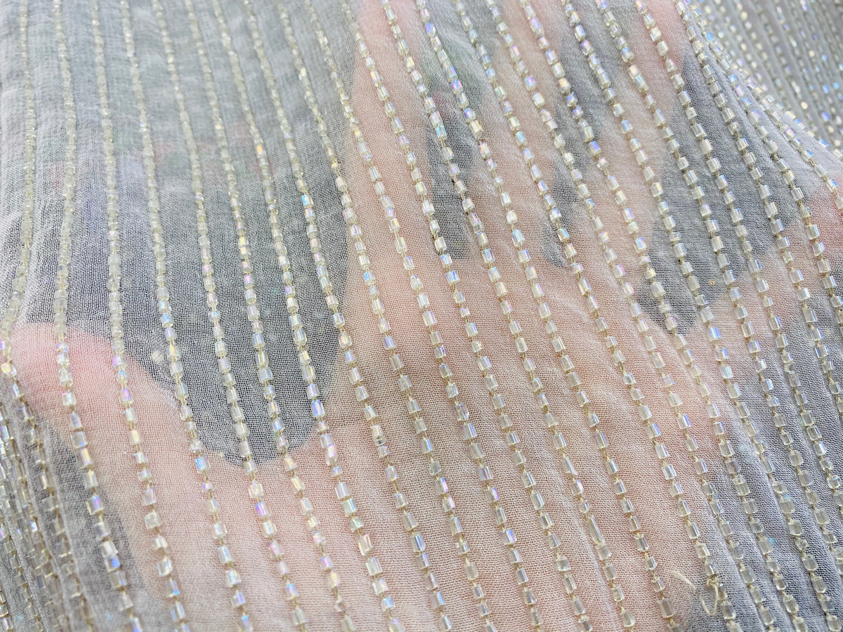 NEW Designer Bridal Striped Beaded 100% Silk Chiffon in Ivory White - Fancy Styles Fabric Pierre Frey Lee Jofa Brunschwig & Fils