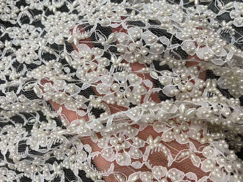 NEW Designer Bridal Beaded Mesh Floral Lace with Pearls Fabric - Fancy Styles Fabric Pierre Frey Lee Jofa Brunschwig & Fils