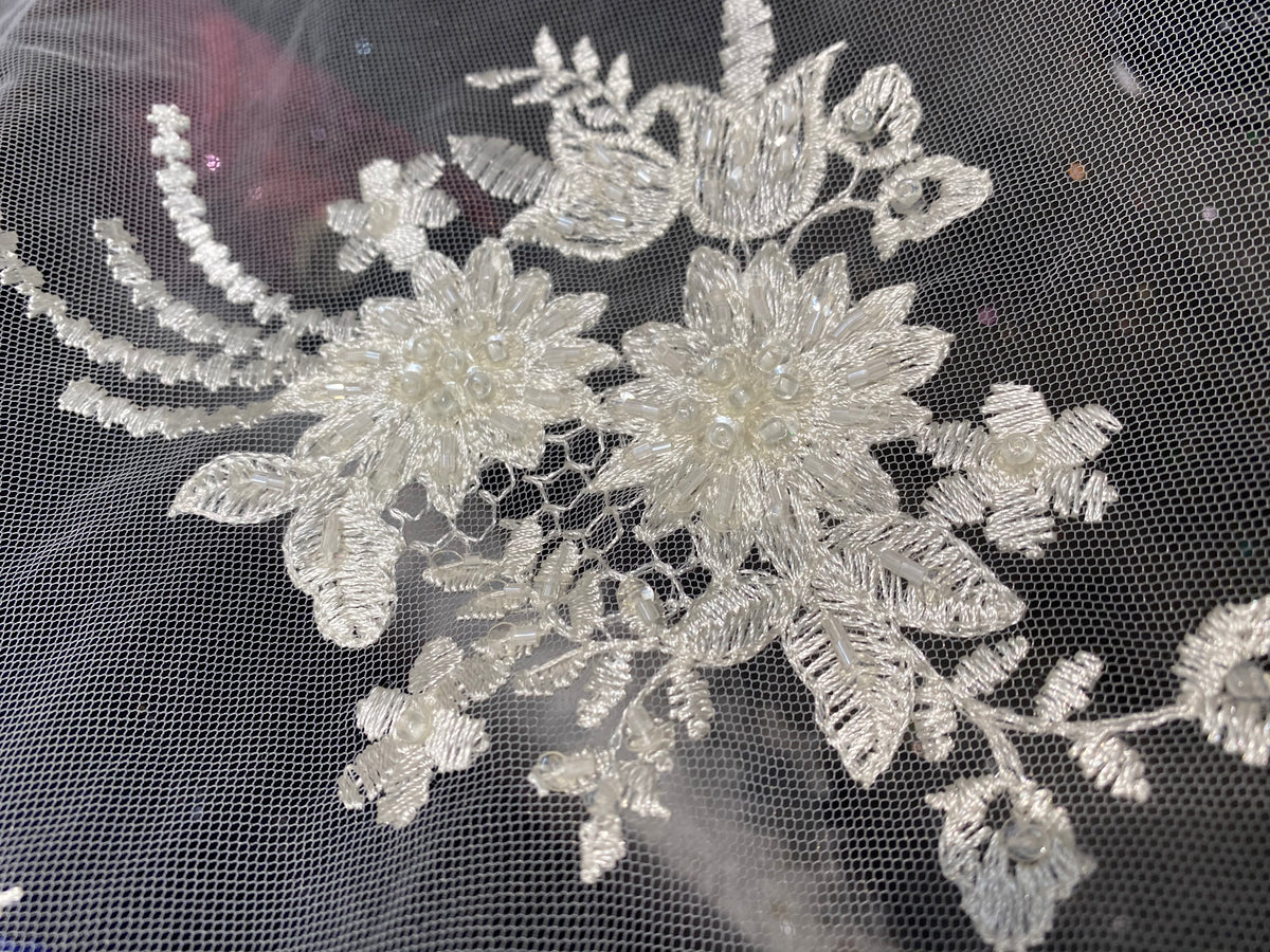 NEW Designer Beaded Mesh Lace Floral Bouquet Scalloped Fabric Ivory White - Fancy Styles Fabric Pierre Frey Lee Jofa Brunschwig & Fils