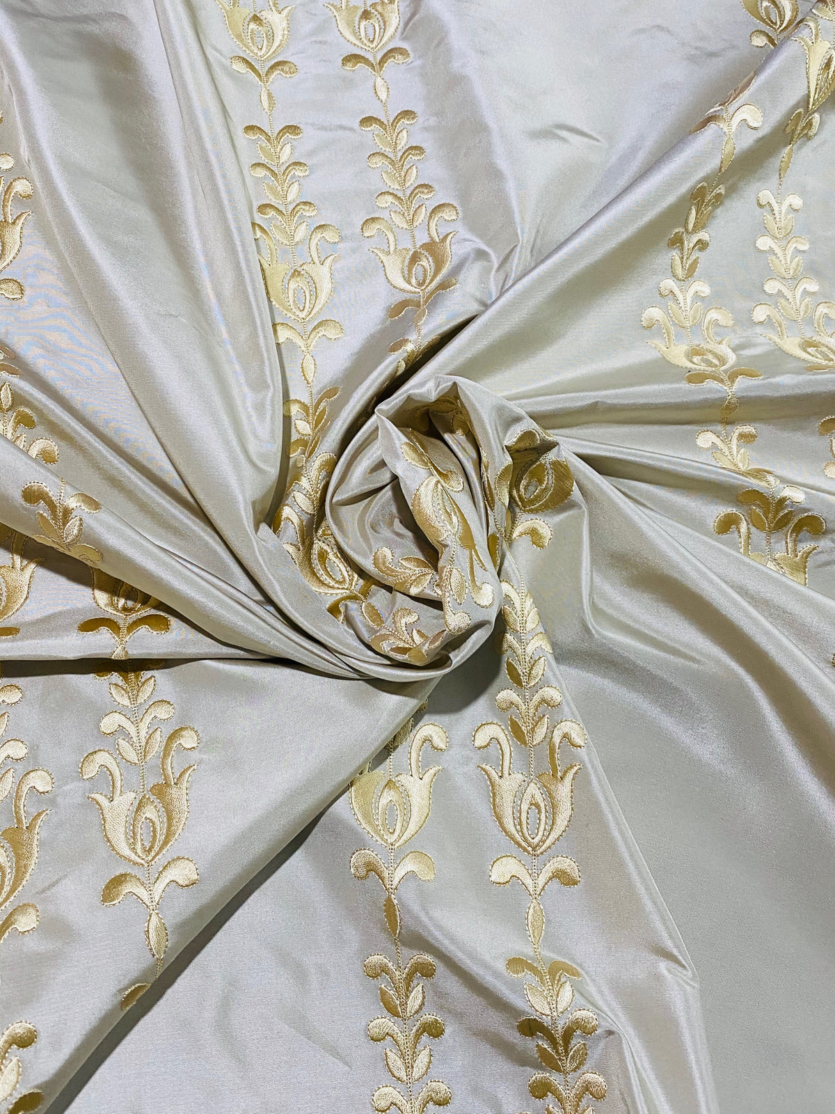NEW Queen Marguerite Designer 100% Silk Taffeta Champagne Drapery Fabric Gold Embroidered Tulip Stripe - Fancy Styles Fabric Pierre Frey Lee Jofa Brunschwig & Fils