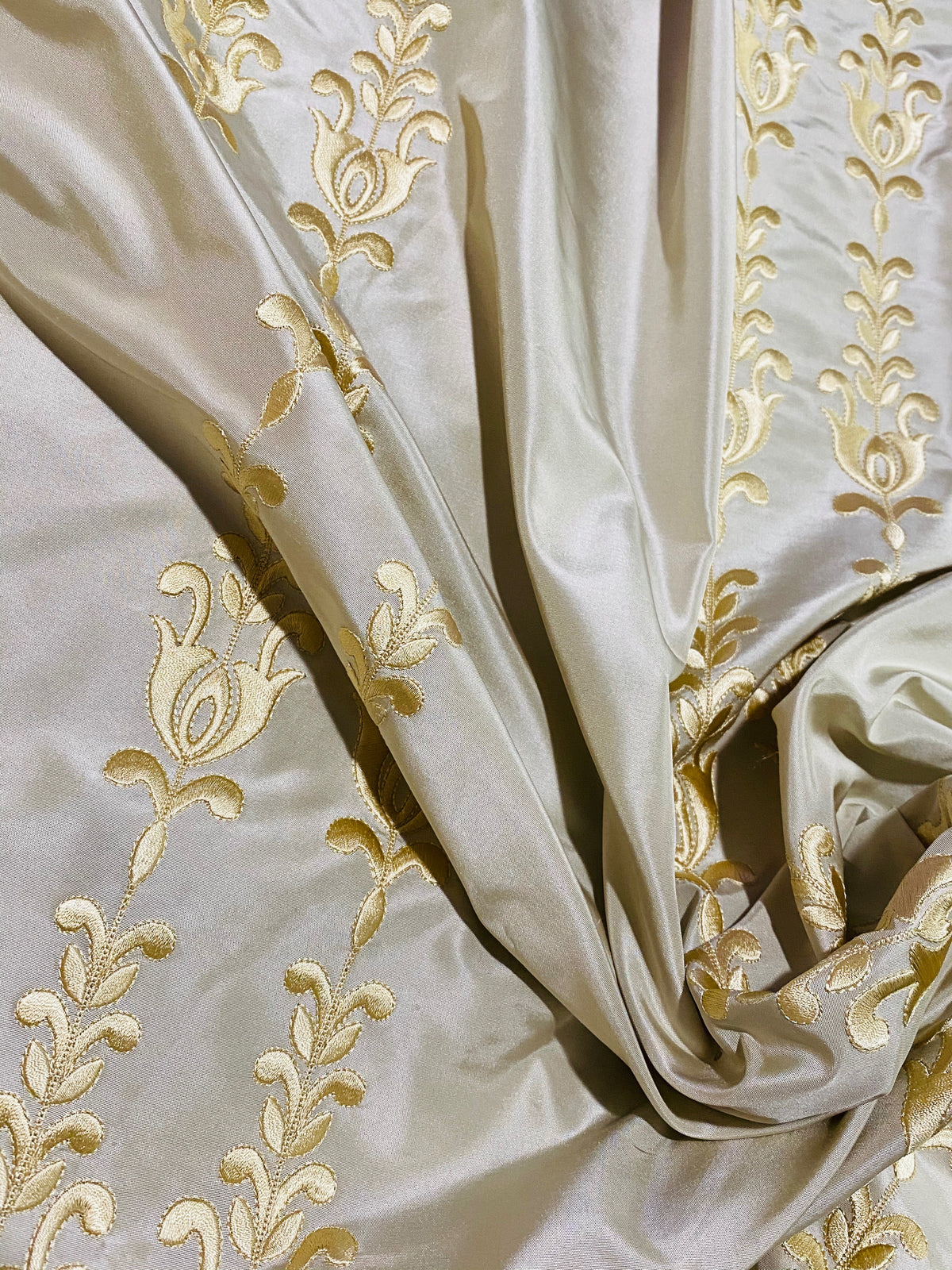 NEW Queen Marguerite Designer 100% Silk Taffeta Champagne Drapery Fabric Gold Embroidered Tulip Stripe - Fancy Styles Fabric Pierre Frey Lee Jofa Brunschwig & Fils