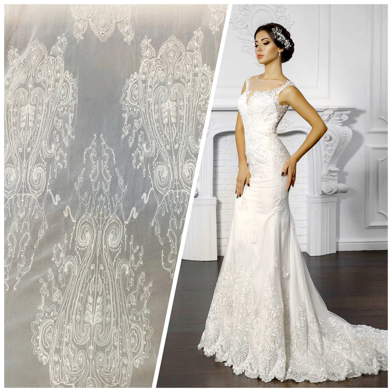 NEW Designer Bridal Embroidered 100% Silk Chiffon with Chandelier Motif in Ivory White - Fancy Styles Fabric Pierre Frey Lee Jofa Brunschwig & Fils
