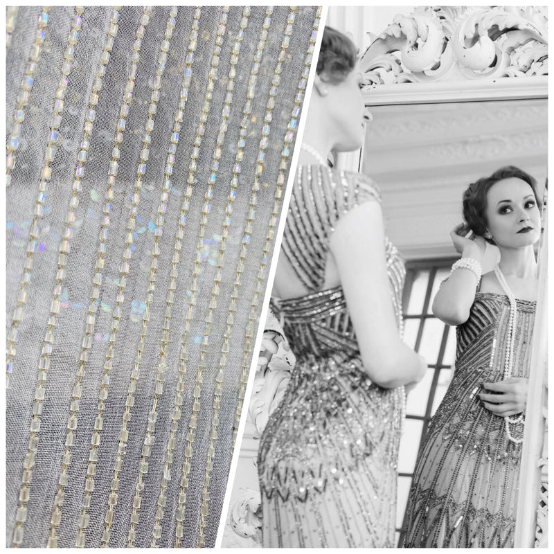NEW Designer Bridal Striped Beaded 100% Silk Chiffon in Ivory White - Fancy Styles Fabric Pierre Frey Lee Jofa Brunschwig & Fils