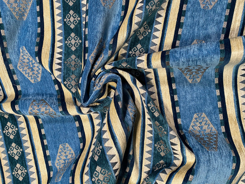 NEW Princess Nahuatl Velvet Chenille Upholstery Fabric in Blue & Cream - Fancy Styles Fabric Pierre Frey Lee Jofa Brunschwig & Fils