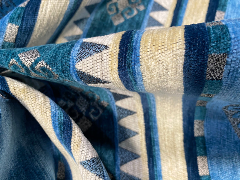NEW Princess Nahuatl Velvet Chenille Upholstery Fabric in Blue & Cream - Fancy Styles Fabric Pierre Frey Lee Jofa Brunschwig & Fils