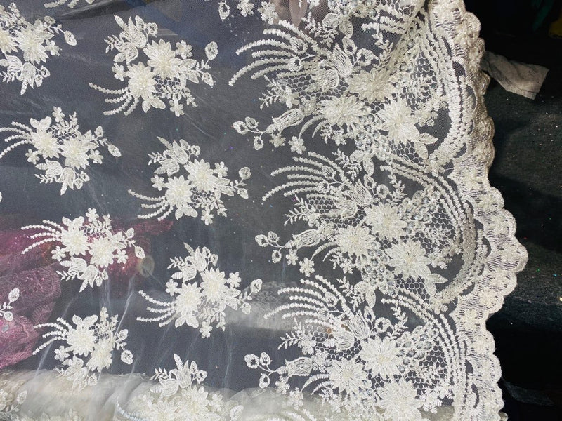 NEW Designer Beaded Mesh Lace Floral Bouquet Scalloped Fabric Ivory White - Fancy Styles Fabric Pierre Frey Lee Jofa Brunschwig & Fils
