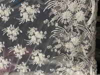 NEW Designer Beaded Mesh Lace Floral Bouquet Scalloped Fabric Ivory White - Fancy Styles Fabric Pierre Frey Lee Jofa Brunschwig & Fils