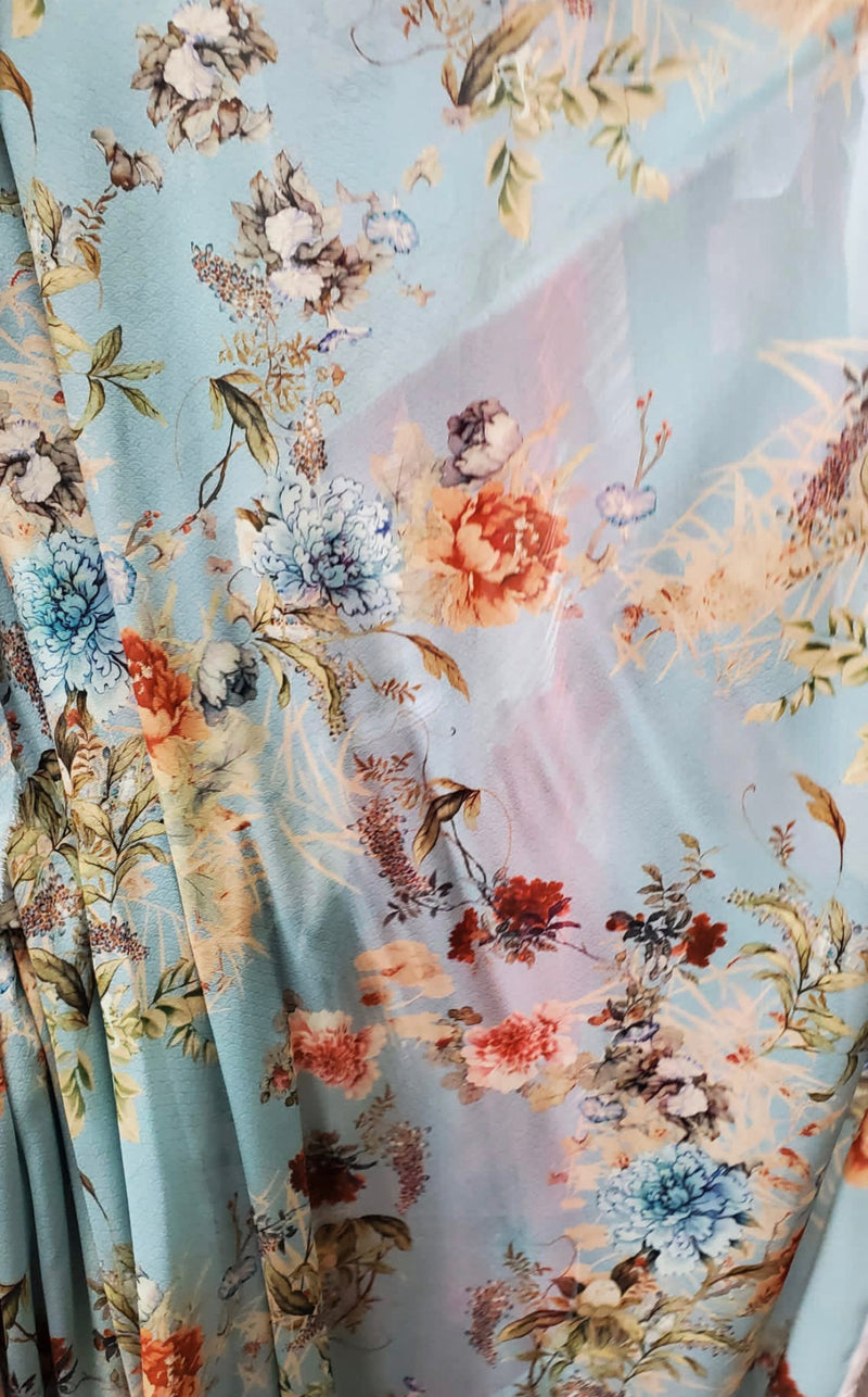 NEW Princess Akari 100% Rayon Georgette Duck Egg Blue Floral Kimono Dress Fabric - Fancy Styles Fabric Pierre Frey Lee Jofa Brunschwig & Fils