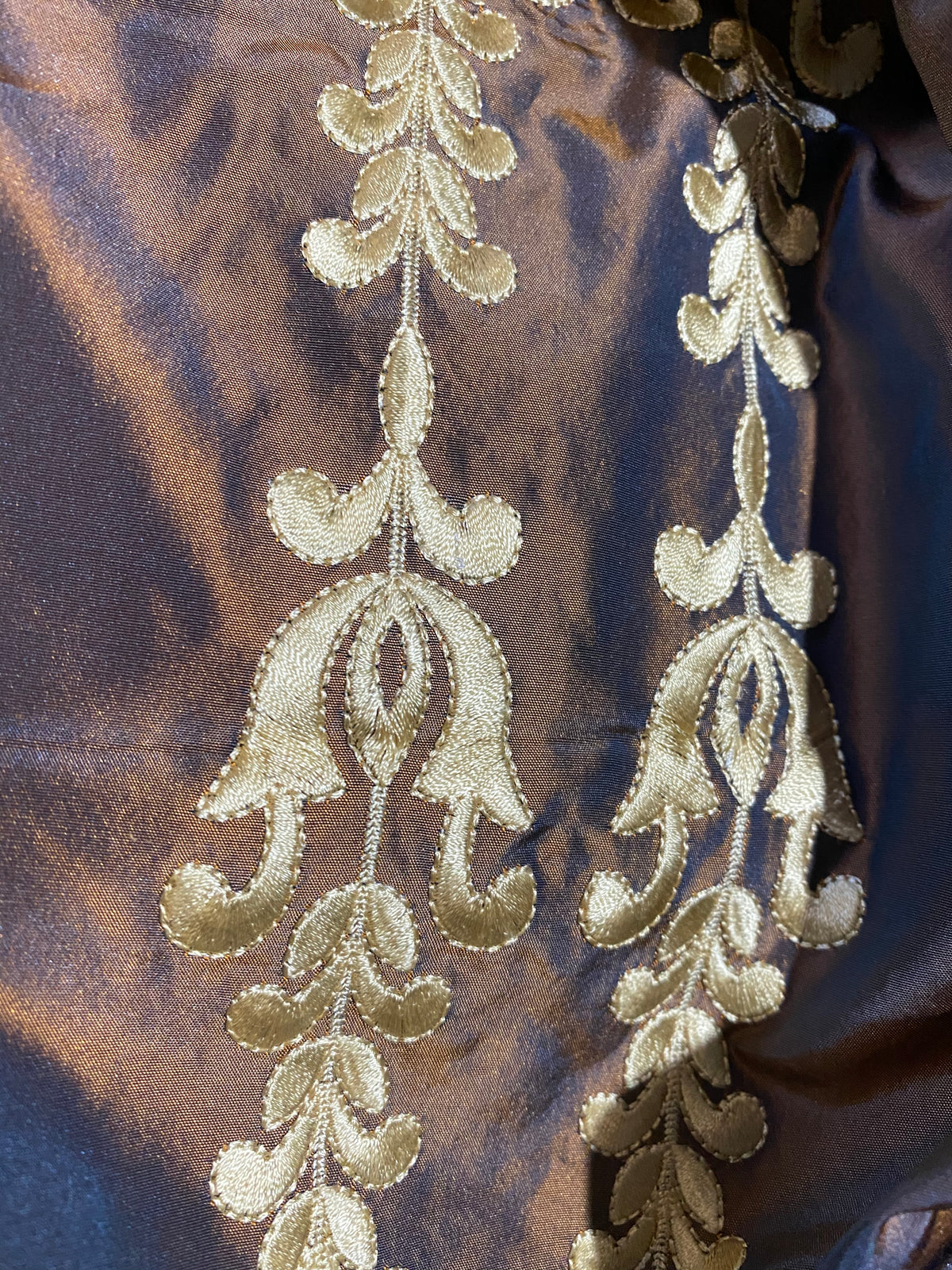 Queen Marguerite Designer 100% Silk Taffeta Drapery Fabric Copper with Blue Iridescence with Gold Tulip Stripe - Fancy Styles Fabric Pierre Frey Lee Jofa Brunschwig & Fils