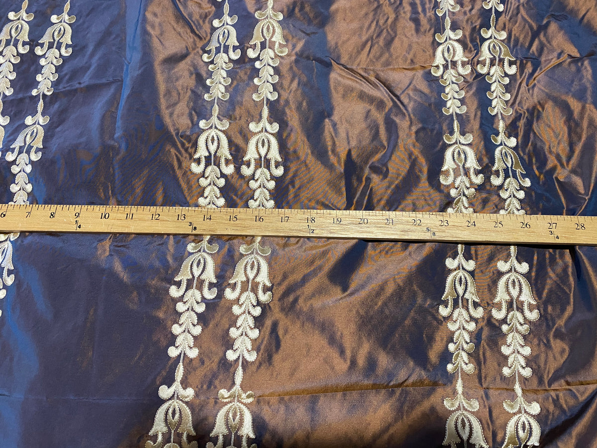 Queen Marguerite Designer 100% Silk Taffeta Drapery Fabric Copper with Blue Iridescence with Gold Tulip Stripe - Fancy Styles Fabric Pierre Frey Lee Jofa Brunschwig & Fils
