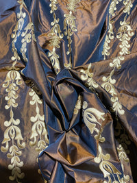 Queen Marguerite Designer 100% Silk Taffeta Drapery Fabric Copper with Blue Iridescence with Gold Tulip Stripe - Fancy Styles Fabric Pierre Frey Lee Jofa Brunschwig & Fils