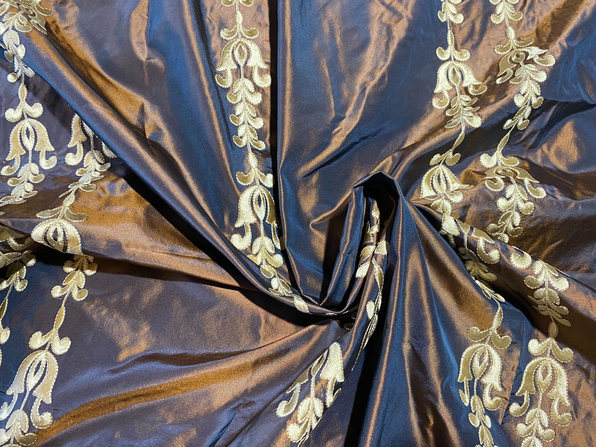 Queen Marguerite Designer 100% Silk Taffeta Drapery Fabric Copper with Blue Iridescence with Gold Tulip Stripe - Fancy Styles Fabric Pierre Frey Lee Jofa Brunschwig & Fils