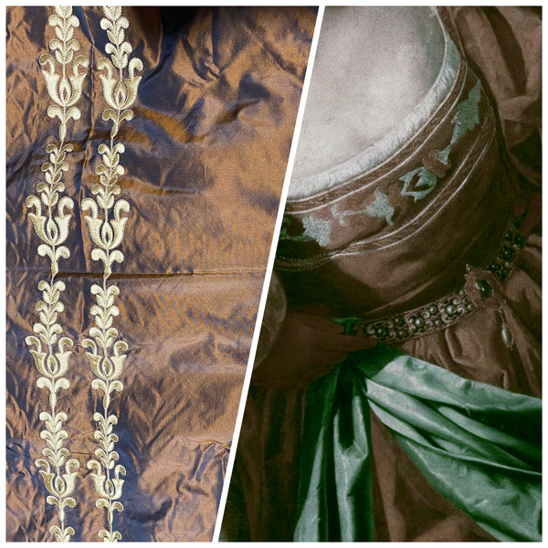 Queen Marguerite Designer 100% Silk Taffeta Drapery Fabric Copper with Blue Iridescence with Gold Tulip Stripe - Fancy Styles Fabric Pierre Frey Lee Jofa Brunschwig & Fils