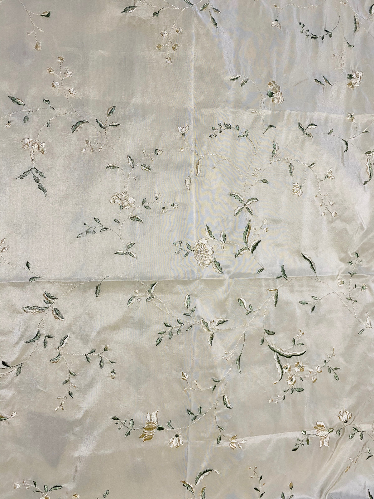 NEW Queen Amaranth Designer 100% Silk Taffeta Cream with Champagne and Green Floral Embroidery - Fancy Styles Fabric Pierre Frey Lee Jofa Brunschwig & Fils