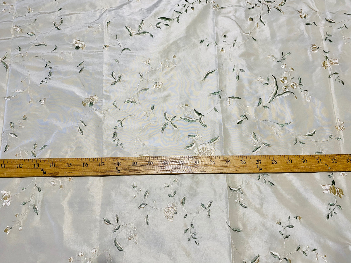 NEW Queen Amaranth Designer 100% Silk Taffeta Cream with Champagne and Green Floral Embroidery - Fancy Styles Fabric Pierre Frey Lee Jofa Brunschwig & Fils