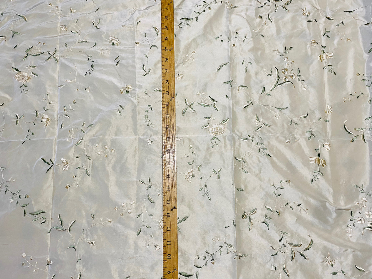 NEW Queen Amaranth Designer 100% Silk Taffeta Cream with Champagne and Green Floral Embroidery - Fancy Styles Fabric Pierre Frey Lee Jofa Brunschwig & Fils