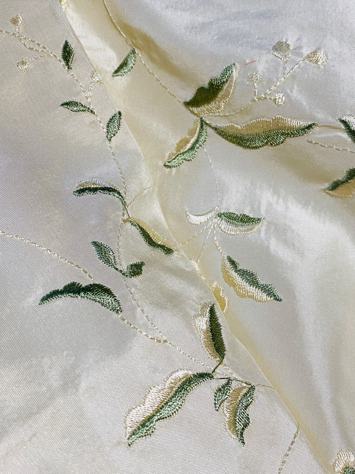 NEW Queen Amaranth Designer 100% Silk Taffeta Cream with Champagne and Green Floral Embroidery - Fancy Styles Fabric Pierre Frey Lee Jofa Brunschwig & Fils