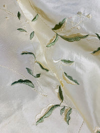 NEW Queen Amaranth Designer 100% Silk Taffeta Cream with Champagne and Green Floral Embroidery - Fancy Styles Fabric Pierre Frey Lee Jofa Brunschwig & Fils
