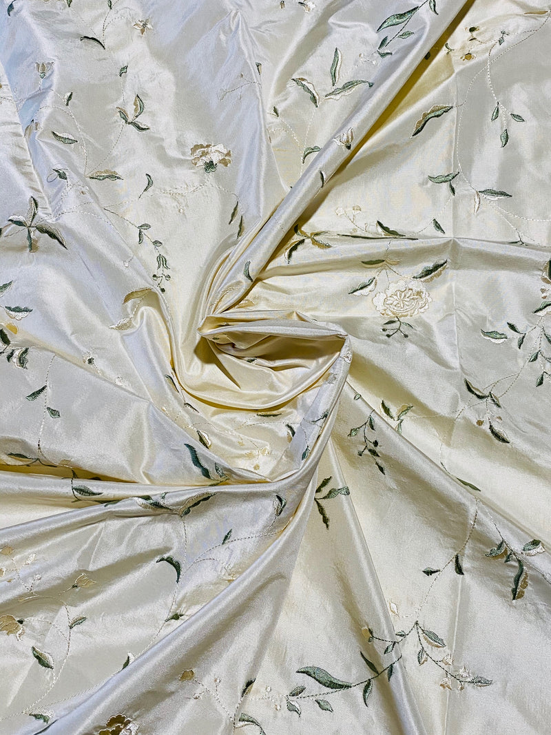 NEW Queen Amaranth Designer 100% Silk Taffeta Cream with Champagne and Green Floral Embroidery - Fancy Styles Fabric Pierre Frey Lee Jofa Brunschwig & Fils