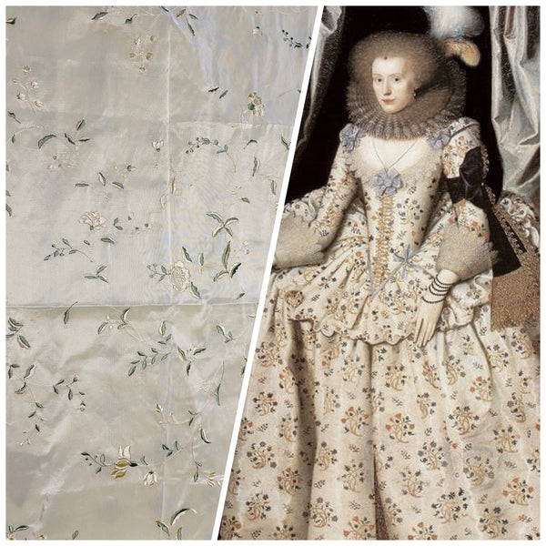 NEW Queen Amaranth Designer 100% Silk Taffeta Cream with Champagne and Green Floral Embroidery - Fancy Styles Fabric Pierre Frey Lee Jofa Brunschwig & Fils