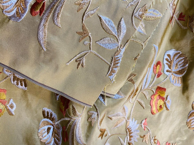 NEW Lady Augusta Designer 100% Silk Taffeta Embroidery Fabric - Antique Yellow Gold Floral - Fancy Styles Fabric Pierre Frey Lee Jofa Brunschwig & Fils