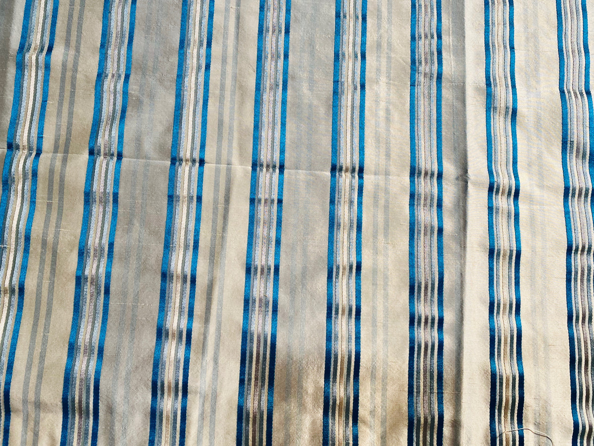 NEW Miss Charlotte 100% Silk Dupioni Fabric - Cream White with Jewel Blue Stripes - Fancy Styles Fabric Pierre Frey Lee Jofa Brunschwig & Fils