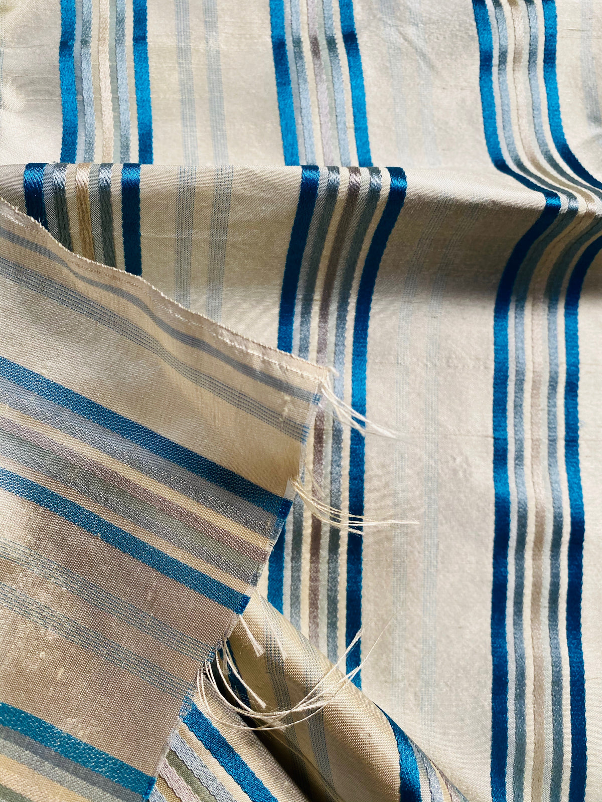 NEW Miss Charlotte 100% Silk Dupioni Fabric - Cream White with Jewel Blue Stripes - Fancy Styles Fabric Pierre Frey Lee Jofa Brunschwig & Fils