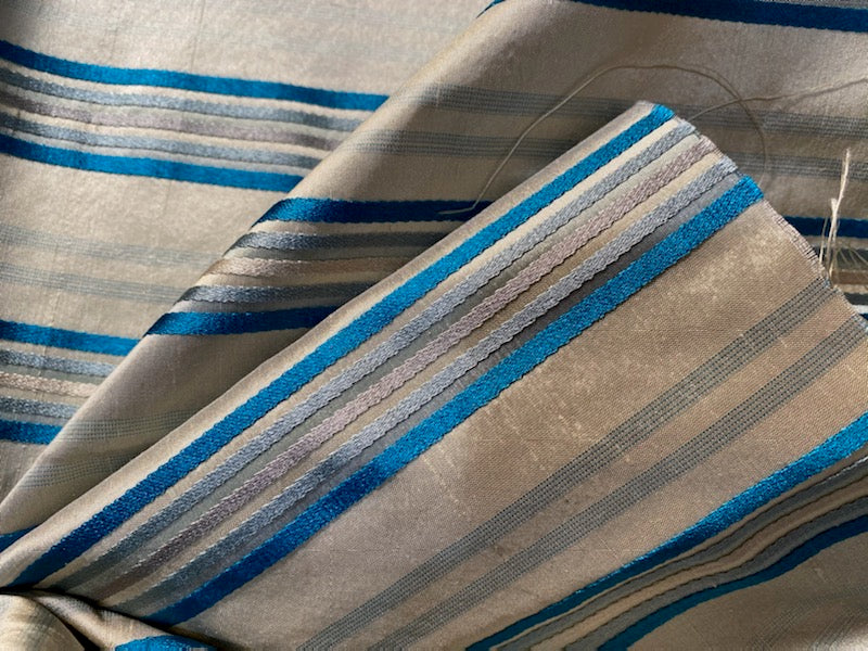 NEW Miss Charlotte 100% Silk Dupioni Fabric - Cream White with Jewel Blue Stripes - Fancy Styles Fabric Pierre Frey Lee Jofa Brunschwig & Fils