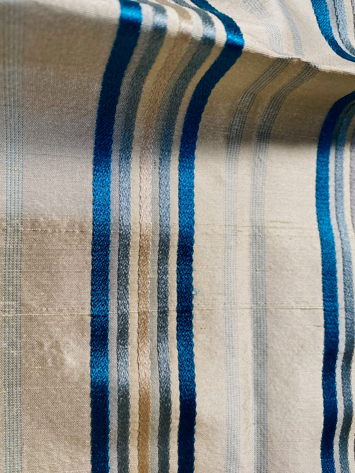 NEW Miss Charlotte 100% Silk Dupioni Fabric - Cream White with Jewel Blue Stripes - Fancy Styles Fabric Pierre Frey Lee Jofa Brunschwig & Fils