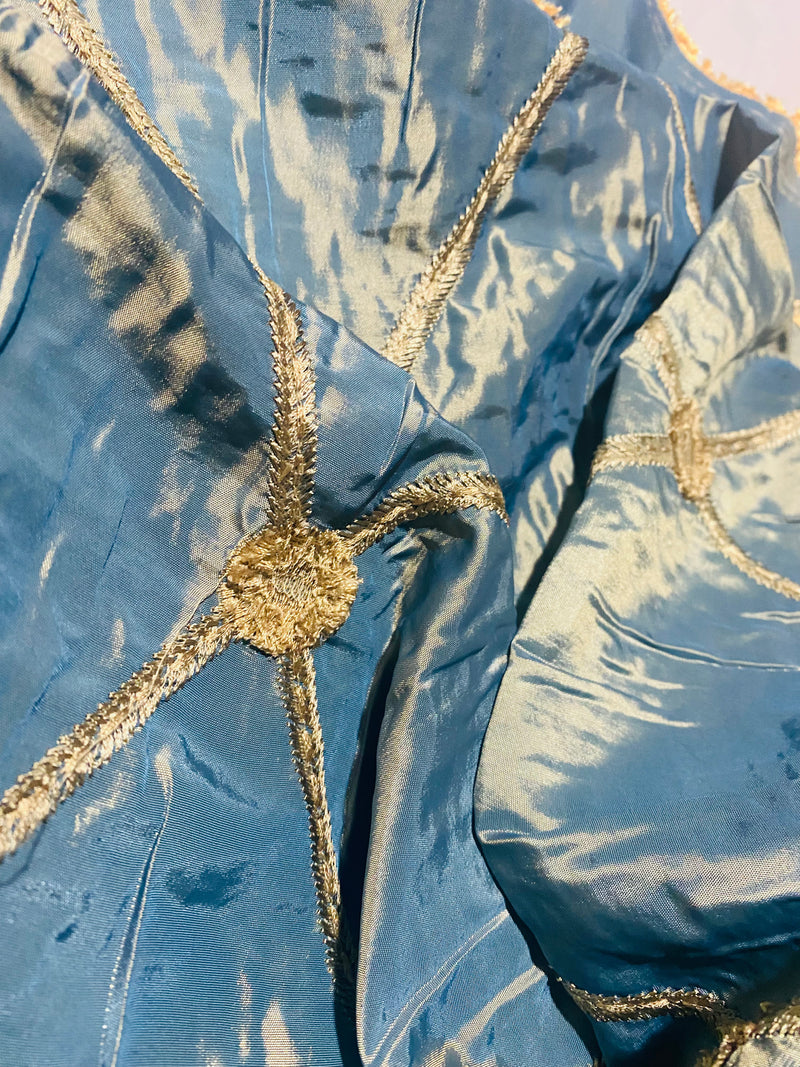 NEW Duke Bernard Blue with Gold iridescence Faux Silk Embroidered Diamond and Medallion Fabric