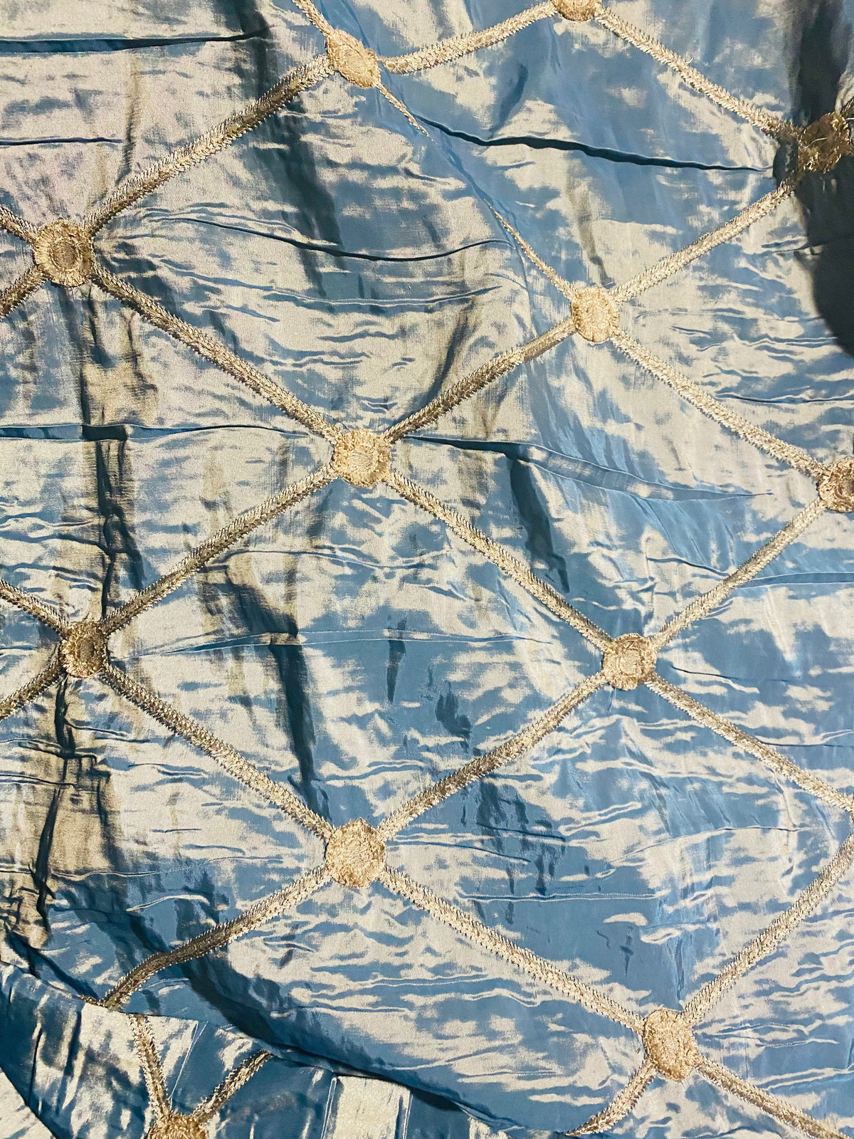 NEW Duke Bernard Blue with Gold iridescence Faux Silk Embroidered Diamond and Medallion Fabric - Fancy Styles Fabric Pierre Frey Lee Jofa Brunschwig & Fils