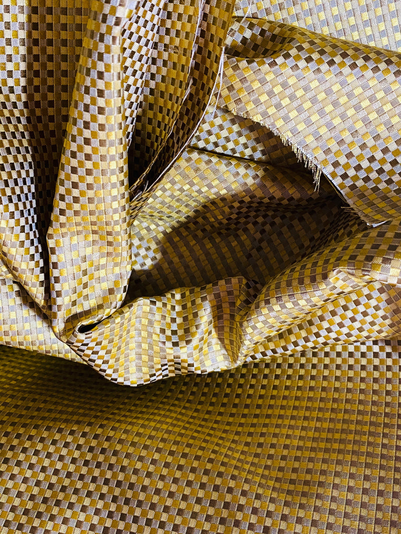 NEW Queen Alyssa Designer 100% Silk Taffeta Checkered Fabric - Yellow & Taupe - Fancy Styles Fabric Pierre Frey Lee Jofa Brunschwig & Fils