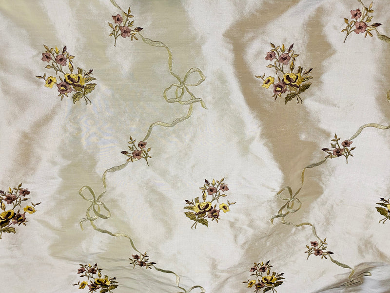 Princess Amelia Designer 100% Silk Dupioni Fabric - Eggshell Floral Bouquet with Bows - Fancy Styles Fabric Pierre Frey Lee Jofa Brunschwig & Fils