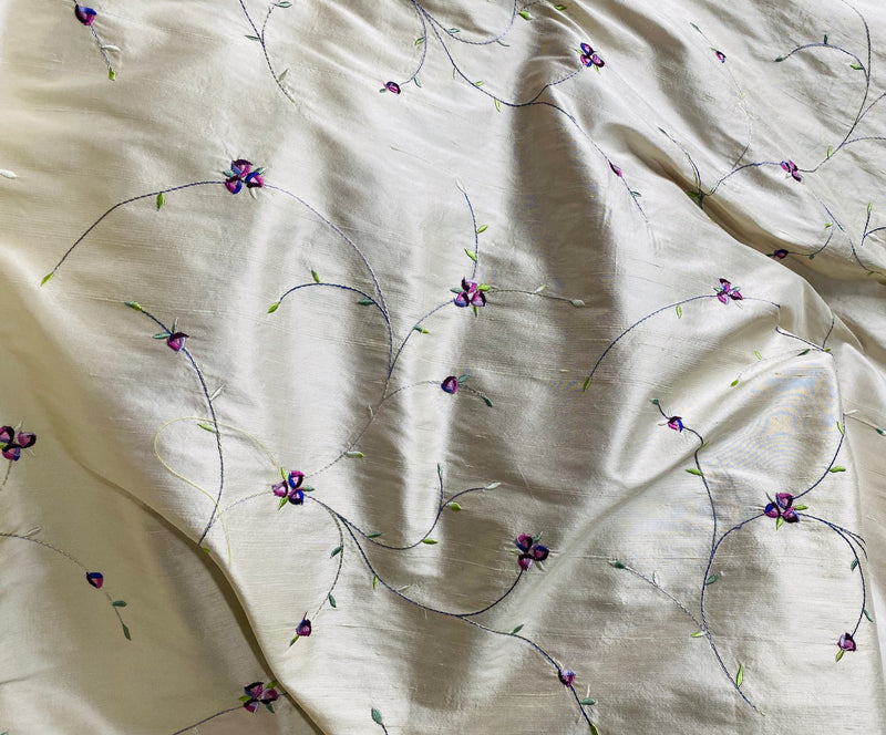 NEW Miss Jessica Designer 100% Silk Dupioni - Ivory White with Floral Embroidery - Fancy Styles Fabric Pierre Frey Lee Jofa Brunschwig & Fils