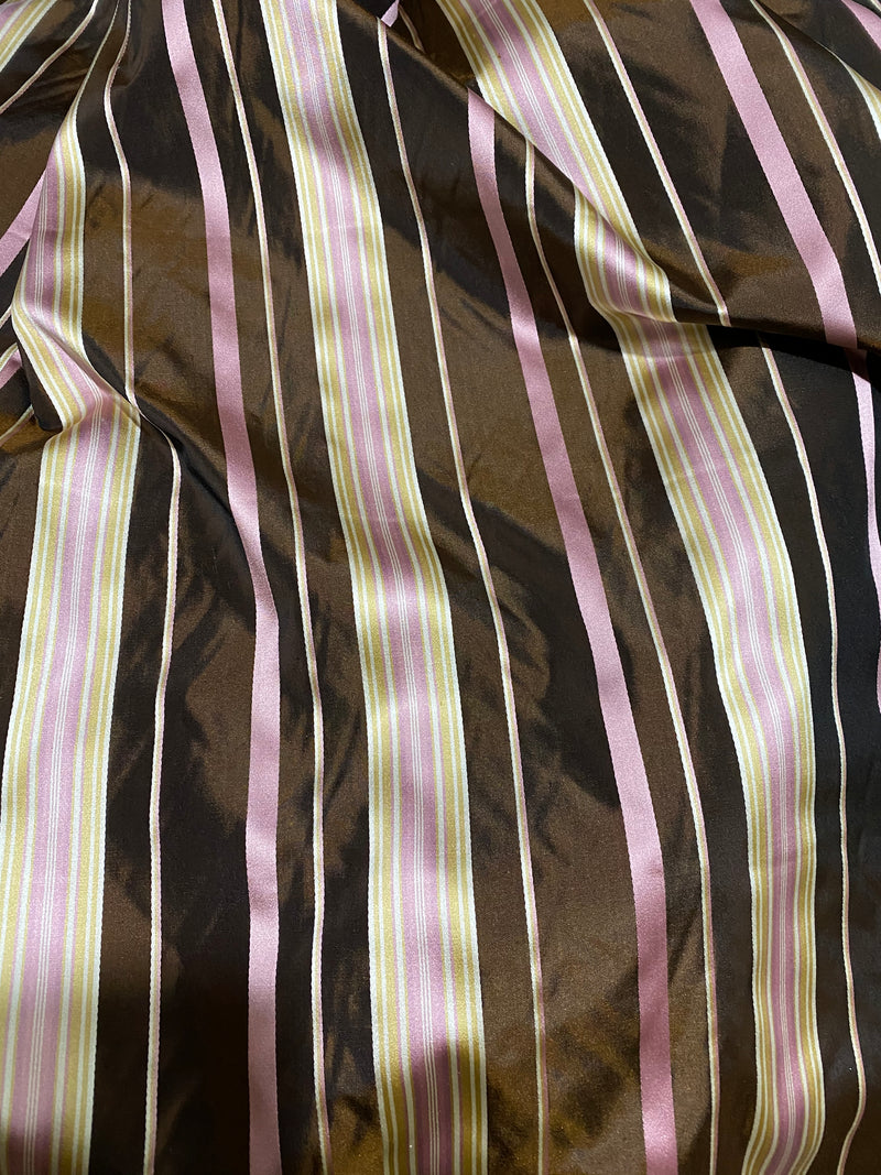 NEW Lady Grace Designer 100% Silk Taffeta - Chocolate Brown with Pink & Yellow Stripes - Fancy Styles Fabric Pierre Frey Lee Jofa Brunschwig & Fils
