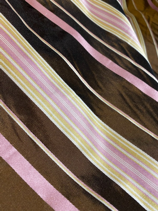 NEW Lady Grace Designer 100% Silk Taffeta - Chocolate Brown with Pink & Yellow Stripes - Fancy Styles Fabric Pierre Frey Lee Jofa Brunschwig & Fils