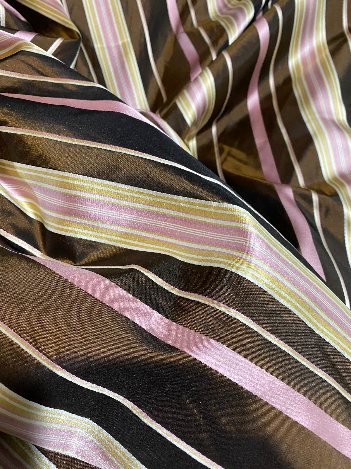 NEW Lady Grace Designer 100% Silk Taffeta - Chocolate Brown with Pink & Yellow Stripes - Fancy Styles Fabric Pierre Frey Lee Jofa Brunschwig & Fils