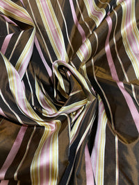 NEW Lady Grace Designer 100% Silk Taffeta - Chocolate Brown with Pink & Yellow Stripes - Fancy Styles Fabric Pierre Frey Lee Jofa Brunschwig & Fils