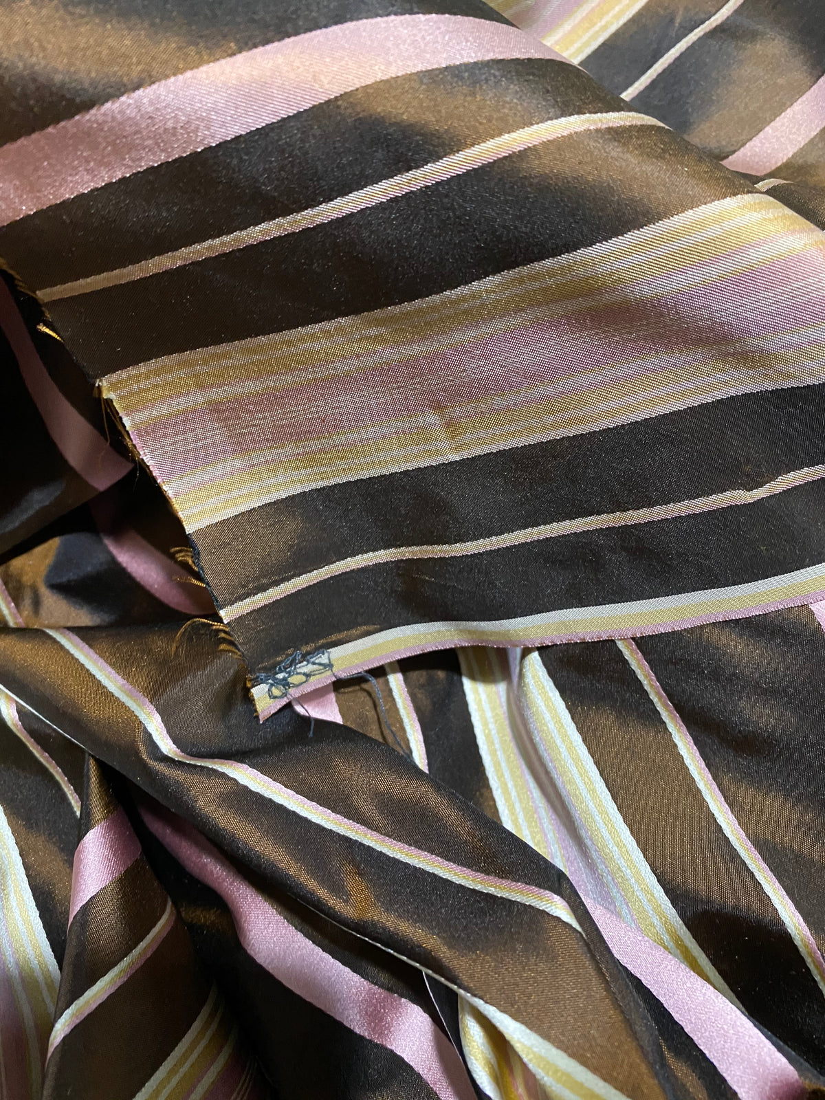 NEW Lady Grace Designer 100% Silk Taffeta - Chocolate Brown with Pink & Yellow Stripes - Fancy Styles Fabric Pierre Frey Lee Jofa Brunschwig & Fils
