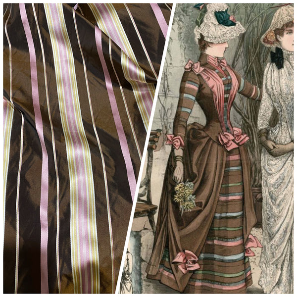 NEW Lady Grace Designer 100% Silk Taffeta - Chocolate Brown with Pink & Yellow Stripes - Fancy Styles Fabric Pierre Frey Lee Jofa Brunschwig & Fils