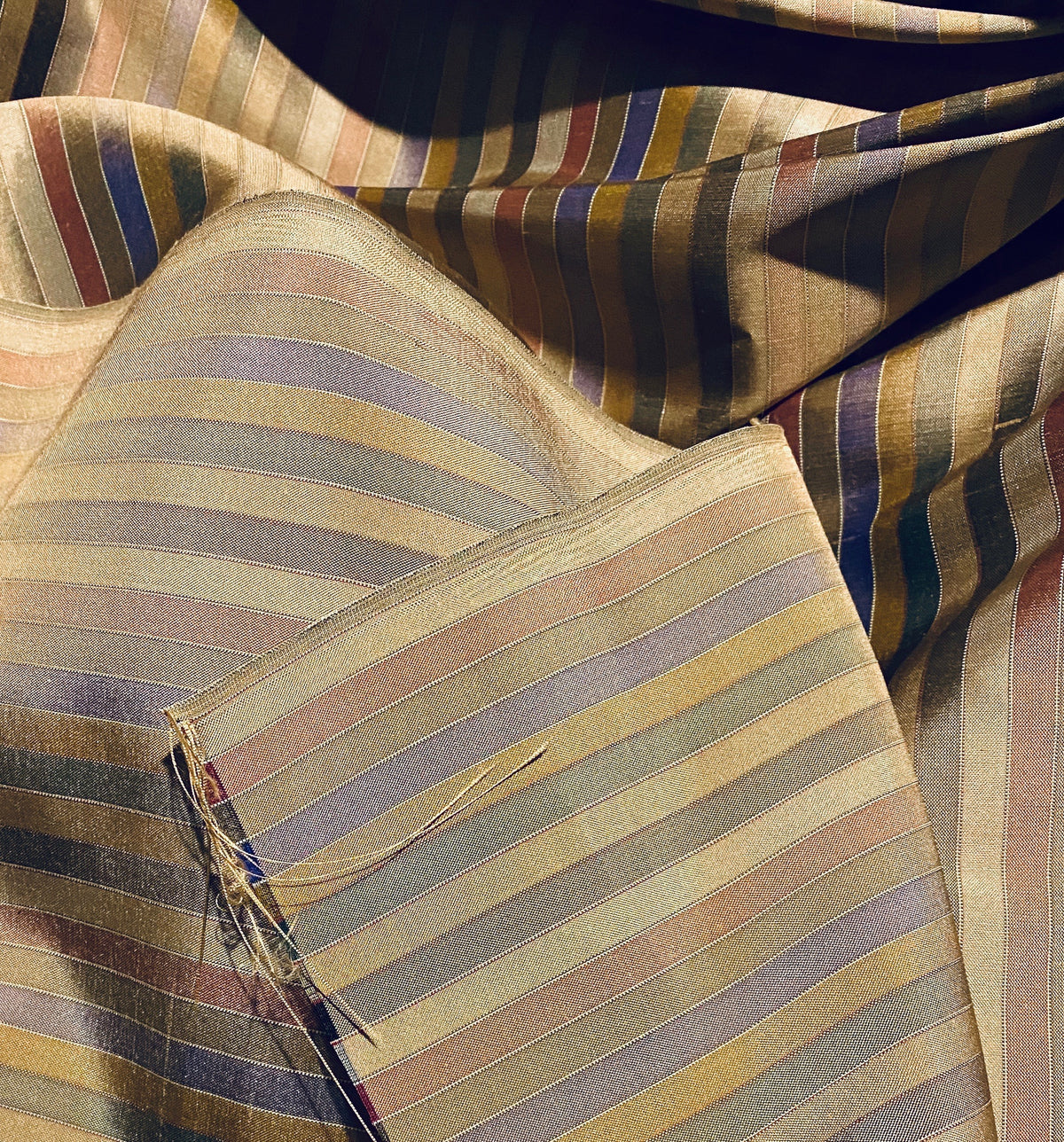 NEW Duchess Roxanne Designer 100% Silk Taffeta - Blue, Green, & Bronze Stripes - Fancy Styles Fabric Pierre Frey Lee Jofa Brunschwig & Fils