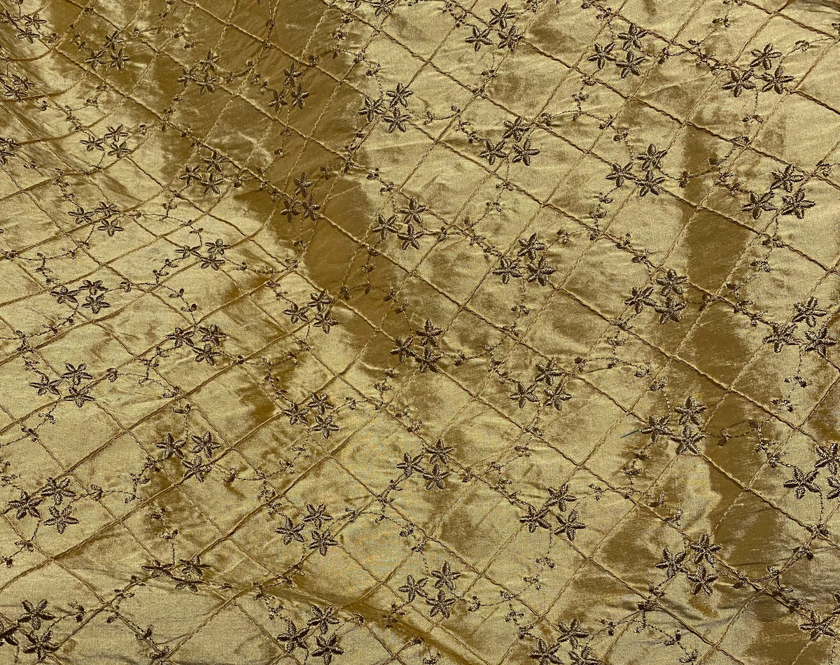 NEW! Queen Elisabeth 100% Silk Dupioni Embroidered Quilted Floral Fabric - Gold - Fancy Styles Fabric Pierre Frey Lee Jofa Brunschwig & Fils