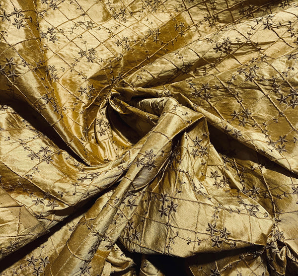 NEW! Queen Elisabeth 100% Silk Dupioni Embroidered Quilted Floral Fabric - Gold - Fancy Styles Fabric Pierre Frey Lee Jofa Brunschwig & Fils