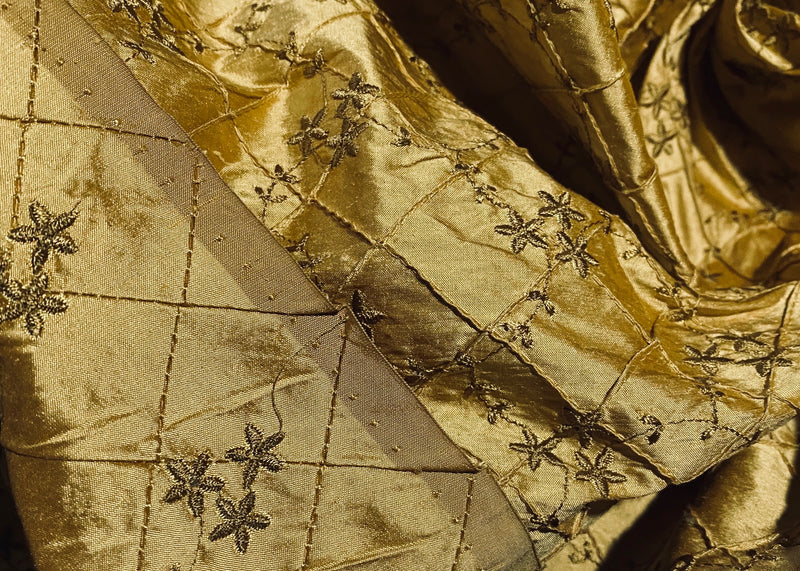 NEW! Queen Elisabeth 100% Silk Dupioni Embroidered Quilted Floral Fabric - Gold - Fancy Styles Fabric Pierre Frey Lee Jofa Brunschwig & Fils