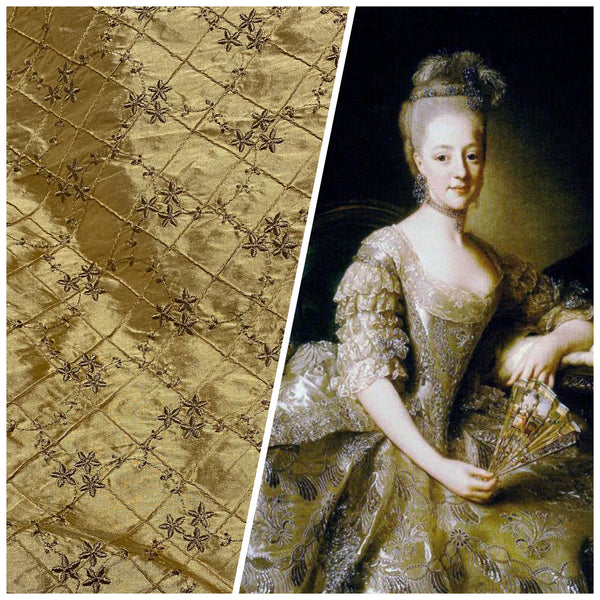 NEW! Queen Elisabeth 100% Silk Dupioni Embroidered Quilted Floral Fabric - Gold - Fancy Styles Fabric Pierre Frey Lee Jofa Brunschwig & Fils