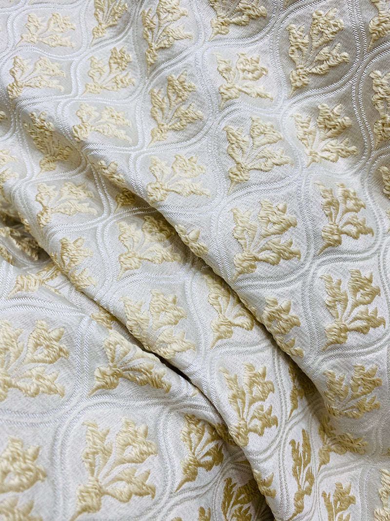 NEW Designer Satin Regal Leaf Motif Drapery Yellow & Cream Fabric - Fancy Styles Fabric Pierre Frey Lee Jofa Brunschwig & Fils