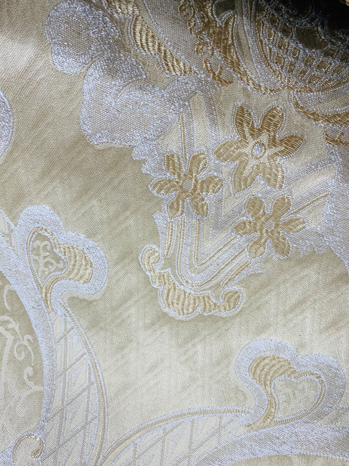 NEW Lady Catherine Designer Satin Damask Brocade Drapery Upholstery Cream & Gold Fabric - Fancy Styles Fabric Pierre Frey Lee Jofa Brunschwig & Fils