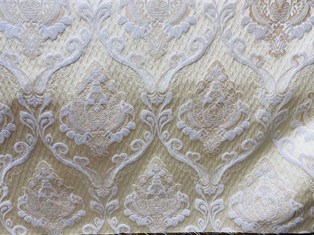 NEW Lady Catherine Designer Satin Damask Brocade Drapery Upholstery Cream & Gold Fabric - Fancy Styles Fabric Pierre Frey Lee Jofa Brunschwig & Fils