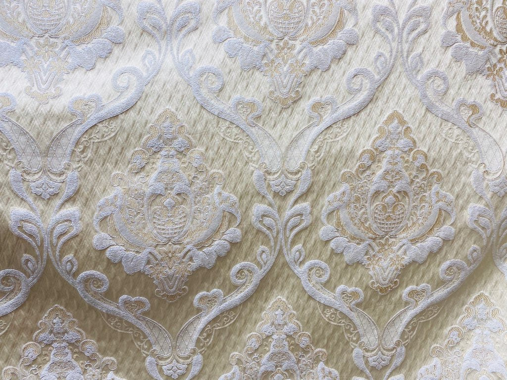 NEW Lady Catherine Designer Satin Damask Brocade Drapery Upholstery Cream & Gold Fabric - Fancy Styles Fabric Pierre Frey Lee Jofa Brunschwig & Fils